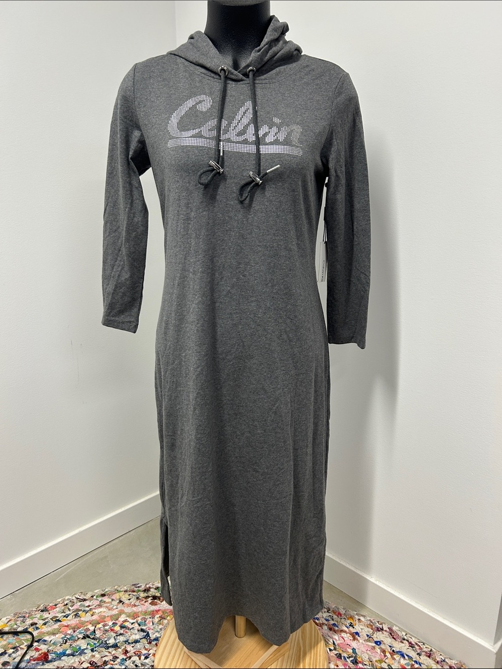 NWT Calvin Klein Rhinestone Logo Hooded Maxi Dress Heather Grey Small